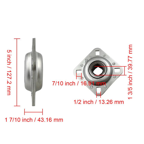 Side and front view of Heavy Duty 1-1/8 Inch Square Bore Disc Harrow Flange Bearing Unit Replacement showing dimensions.
