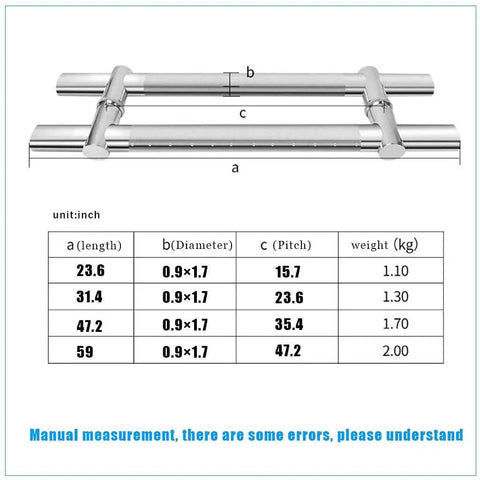 Diagram of Stainless Steel Push Pull Door Handle Back To Back Rectangle For Solid Wood Timber Glass And Steel Doors Ideal For Entry Exterior Office Use 59 Inch Length Durable Rust Resistant 304 Grade Hardware, showing dimensions and weight chart.