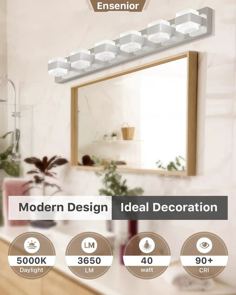 Modern Black Vanity Light Fixtures Over Mirror Three Light 18.5 Inch Dimmable LED Vanity Lighting Acrylic and Stainless Steel 5000K Daylight 20W 1560 Lumens mounted above bathroom mirror