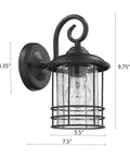 Slim 5.5 Inch Wide Outdoor Wall Light 2 Pack in Textured Black with Seedy Glass, rust-resistant lantern, side view dimensions