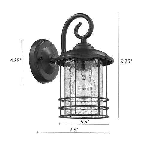 Slim 5.5 Inch Wide Outdoor Wall Light 2 Pack in Textured Black with Seedy Glass, rust-resistant lantern, side view dimensions