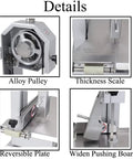 Detailed view of Heavy Duty 650W Electric Bone Saw Commercial Tabletop Cutter showing alloy pulley and thickness scale.