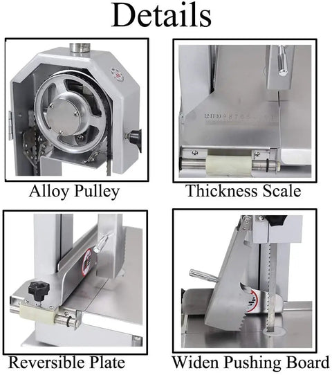 Detailed view of Heavy Duty 650W Electric Bone Saw Commercial Tabletop Cutter showing alloy pulley and thickness scale.