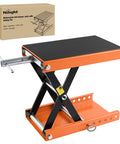 Beefy 1100Lb Motorcycle Lift Jack With Wide Deck And Safety Pin shown in orange with box packaging