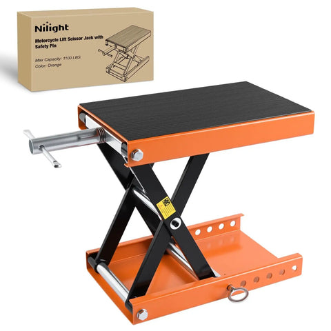 Beefy 1100Lb Motorcycle Lift Jack With Wide Deck And Safety Pin shown in orange with box packaging