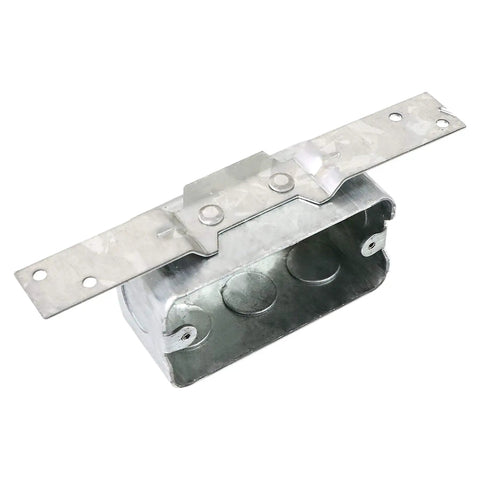 Eight Pack 4 By 2 Inch Metal Electrical Box With Bracket And Seven One Half Inch Knockouts For Wood Or Metal Studs Welded TS Side Mount Bracket Galvanized Heavy Duty Junction Box Built Tough For DIY Electrical Installations front view.
