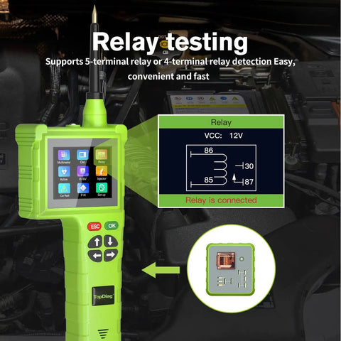 P100 Pro Power Circuit Probe Kit 9V 30V Automotive Circuit Tester Multimeter in use for relay testing in car engine bay