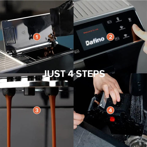 Top Shelf Fully Automatic Espresso Coffee Maker With Integrated Milk Frother Precision Bean Grinder And One Touch Operation For No Sweat Slick Daily Brewing At Home, demonstrating four easy steps to use.