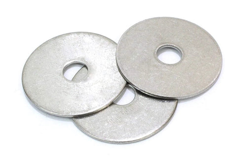 Top view of three stainless steel fender washers; 1/4 in hole and 1-1/4 in outer diameter