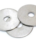 Close-up of three Stainless Fender Washers 0.406 In ID By 1.5 In OD By 0.05 In Thick, 18-8 (304) Stainless Steel Flat Washers Plain Finish