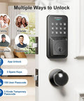 Keyless Entry Door Lock With Smart Knob Set And App Control Generating One Hundred Secure Pin Codes For Family Or Guest Access on front door.