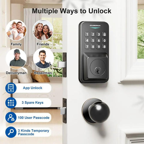 Keyless Entry Door Lock With Smart Knob Set And App Control Generating One Hundred Secure Pin Codes For Family Or Guest Access on front door.