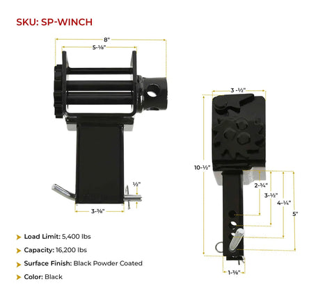 Diagram showing dimensions of 2 Pack Trailer Stake Pocket Winches for flatbed utility with 16,200 lbs capacity and 5,400 lbs working load.