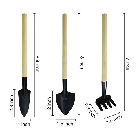 Mini Garden Tools Set 3 Piece Rake Trowel Shovel For Seedlings Bonsai Succulents And Terrariums Compact Portable Handy Tools With Wooden Handles Ideal For Small Pots Herbs And Indoor Gardening shown with size dimensions