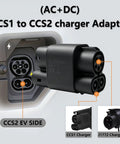 Heavy Duty CCS1 to CCS2 Adapter for Electric Vehicles, showing connection to CCS2 EV socket, durable design for fast charging.