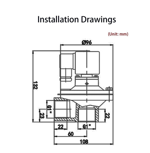 Diaphragm pulse valve installation drawing, side view, 1-inch DN25, DC 24V for air control system
