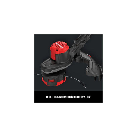 Close-up of Cordless Weed Wacker String Trimmer head with QuickWind Spool, 0.080-In Line, 13-In Cut, red and black design.