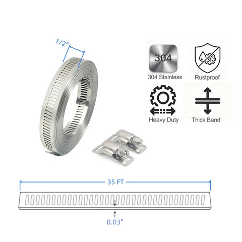 Get Your DIY Custom Cut-To-Fit 304 Stainless Steel Hose Clamp Kit With Extra Thick Anti-Slip Fasteners For Adjustable Duct Pipe And Auto Car Projects That Last A Lifetime. 35 ft 304 stainless hose clamp roll with 12 fasteners