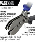 Five blade ductwork crimper for precision indentations in steel and stainless with compound-leverage mechanism by Klein Tools.