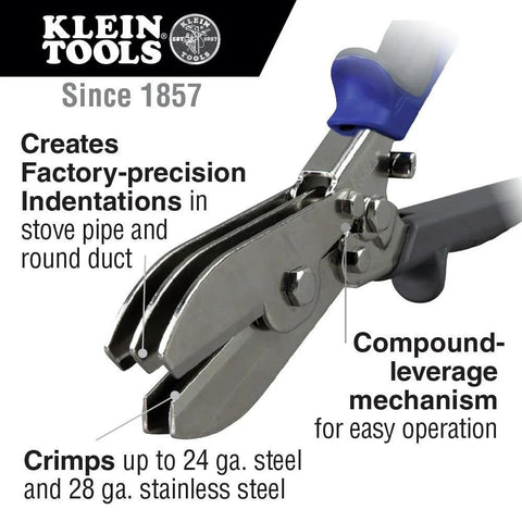 Five blade ductwork crimper for precision indentations in steel and stainless with compound-leverage mechanism by Klein Tools.