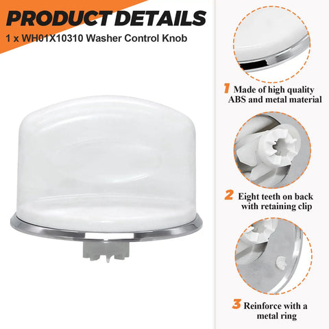 White Washer Control Knob Replacement Dial 2 Inch Wide 1.75 Inch High Snap On Fit For Most Washers No Fuss Easy Install Replaces 1264403 AP3994965 AH1482286 EAP1482286 PS1482286, white ABS plastic with metal ring