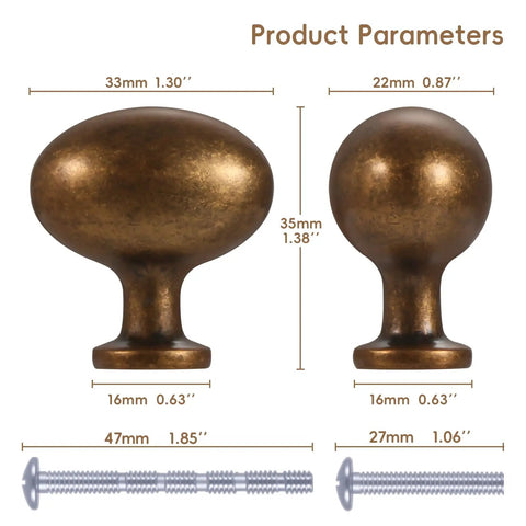 2 Pack Antique Brass Cabinet Knobs For Dresser Drawers 1.3 Inch Oval Zinc Alloy Pulls dimensions and screws