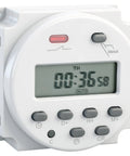 Dope Programmable Timer Switch For 12V DC And 120V AC, 16 Amp, 28 On And 28 Off Per Day, 1 Minute To 168 Hour Range, 15 Daily And Weekly Schedules, Perfect For Lights, Pumps, Home Automation, And Garage Projects. White digital timer switch with LCD display and manual buttons