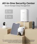 Home Hub For Up To 8 Battery And WiFi Security Cameras With Encryption Privacy 2.4 And 5GHz WiFi No Monthly Fee Hassle-Free Setup 64GB SD Card Installed No Third Party Support Compatible With Battery WiFi Cameras And Doorbells displayed with camera and doorbell models
