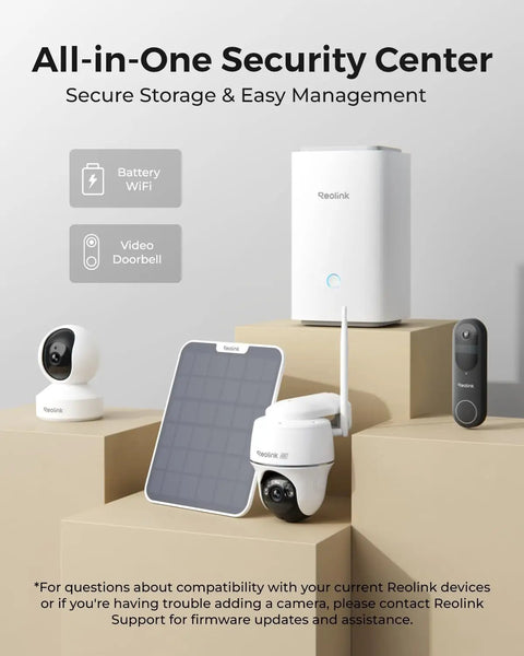 Home Hub For Up To 8 Battery And WiFi Security Cameras With Encryption Privacy 2.4 And 5GHz WiFi No Monthly Fee Hassle-Free Setup 64GB SD Card Installed No Third Party Support Compatible With Battery WiFi Cameras And Doorbells displayed with camera and doorbell models
