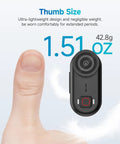 Thumb-sized 4K POV Wearable Camera For Daily Vlogging And Outdoor Adventures, IP68 Waterproof Mini Body Cam next to thumb.