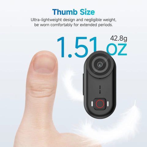 Thumb-sized 4K POV Wearable Camera For Daily Vlogging And Outdoor Adventures, IP68 Waterproof Mini Body Cam next to thumb.