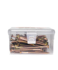Tough As Nails Ten By Three Inch Deck Screws With Square Robertson Drive and Bugle Heads in clear 100 piece storage box.