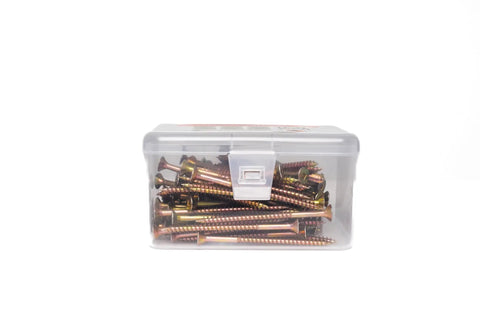 Tough As Nails Ten By Three Inch Deck Screws With Square Robertson Drive and Bugle Heads in clear 100 piece storage box.