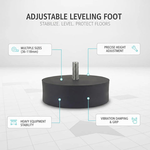 No Sweat Adjustable Leveling Feet With Grippy Rubber Base For Laundry Machines Workshop Benches And Heavy Shelving On Uneven Concrete Surfaces Straight Up Solid, black rubber leveling foot with threaded shaft.