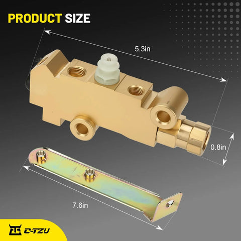 Badass Heavy Duty Brass PV2 Proportioning Valve For Disc Drum Brake Swap Replacement 172-1353 shown with size dimensions 5.3in x 0.8in and bracket 7.6in