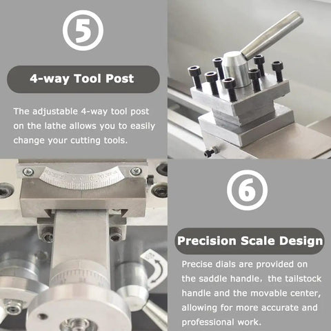 Precision Mini Metal Lathe Benchtop Machine Offers 7 Inch Swing By 12 Inch Centers For Inch Threading And Metal Turning powered by adjustable 4-way tool post.