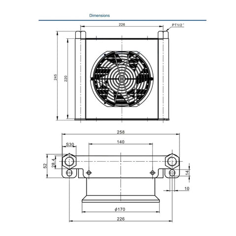 Technical diagram of High Flow 25 Liters Per Minute Hydraulic Oil Cooler And Radiator Heat Exchanger For Aluminum Alloy Air Cooler 3 MPa Pressure 24V DC Beefed Up Shock Absorption System with dimensions and mounting details.