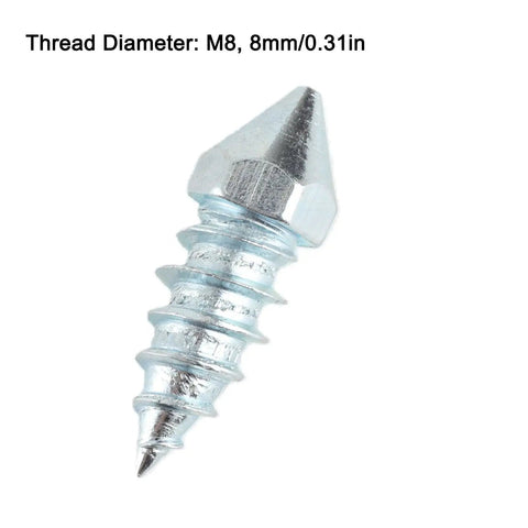 Close-up of M8 heavy duty winter tire spike with tungsten steel tip and aluminum body for improved ice traction.