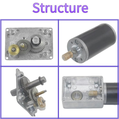 CHANCS 12V DC worm gear motor with gearbox; four-view collage shows gear train, cylindrical motor, side assembly, and housing.