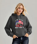 Woman wearing Sexy And I Tow It Vintage Funny Camping RV Camper Truck Hoodie for Women Cozy Fleece Sweatshirt
