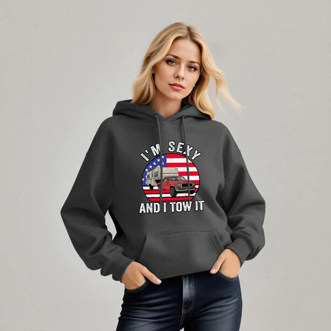 Woman wearing Sexy And I Tow It Vintage Funny Camping RV Camper Truck Hoodie for Women Cozy Fleece Sweatshirt