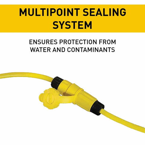 Yellow 15 Amp Watertight NEMA 4X 6P Straight Blade Connector 5-15R, 125V, 3-Wire Plug showing multipoint sealing system