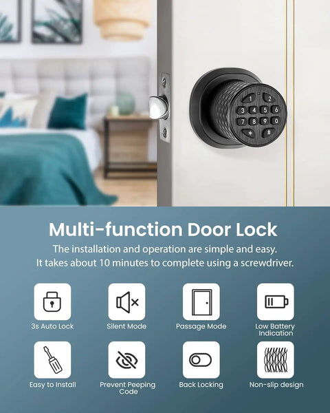 Keypad Door Lock With Digital Knob Electronic Keyless Entry Auto Lock Back Locking Anti Slip Handle Anti Peeping Password Easy Install For Home Office Bedroom Silver Smart Home Ready