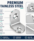 Killer Stainless Steel L Brackets For Shelves With 80 Heavy Duty Screws showcasing brushed finish and rounded edges.