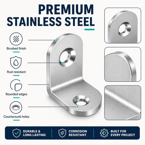 Killer Stainless Steel L Brackets For Shelves With 80 Heavy Duty Screws showcasing brushed finish and rounded edges.