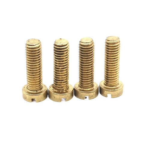 Top Shelf Solid Brass Slotted Cheese Head Machine Screws Hella Reliable Fasteners For Garage Builds And Tinkering Din84 Metric Bolts In M2 To M8 Snag The 40 Piece Kit four brass machine screws with slotted heads and threaded bodies.