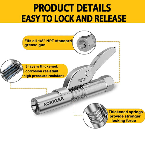 Front view of AORRZER grease gun coupler with lever, chrome metal body for 1/8 in NPT grease guns
