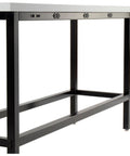 Top Shelf Standing Bar Table With Twelve Built In AC Outlets And Sturdy Footrest Crafted For Cafes Bars And Modern Offices side view of black frame with power outlets