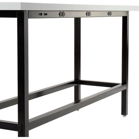 Top Shelf Standing Bar Table With Twelve Built In AC Outlets And Sturdy Footrest Crafted For Cafes Bars And Modern Offices side view of black frame with power outlets