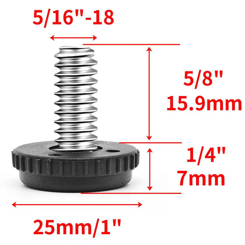 Built Tough Adjustable Furniture Leveler Feet Crafted From Rust Resistant 304 Stainless Steel showing 5/16-18 thread and dimensions for outdoor use.